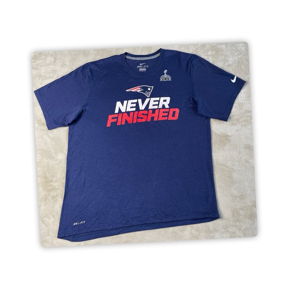 Nike New England Patriots Shirt Mens L Blue DriFit Short Sleeve Super Bowl XLIX